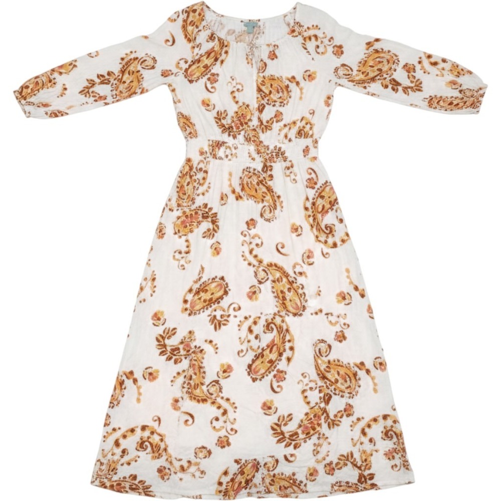 Ryegrass Dress Womens 2X White Paisley 3/4 Sleeve Scoop Neck Maxi Ruffle Boho